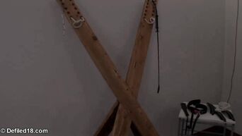 The pervert lets out the blonde from a cage, only to fuck in an ass
