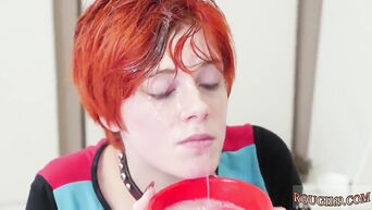 Fat maniac gives the girl to drink sperm from a cat's bowl and forces her to lick his balls while he jerks off his cock