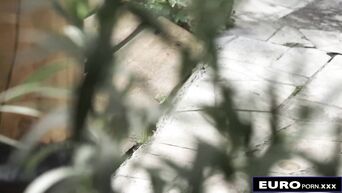 Morning sex of a married couple in the courtyard of their house