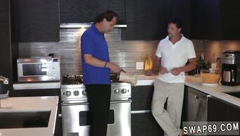 Two mature buddies pour sperm on cute mistresses