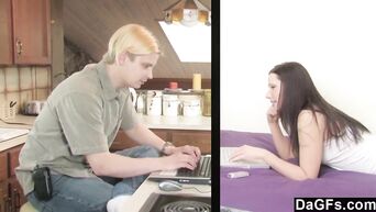 Blonde gigolo fucks sexy brunette