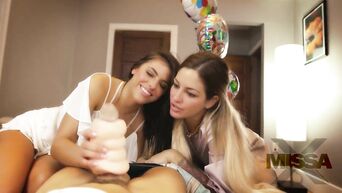 Two horny beauties share one dick