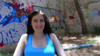 Ebony fucks juicy brunette with hanging breasts