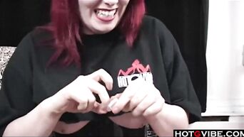 Curvy lady in corset fucks herself with toy