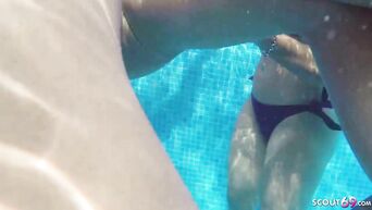 Cum in water and triple footjob near the pool
