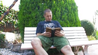 Blonde, brunette and German gigolo fuck in the backyard