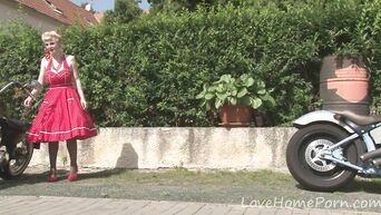 Public striptease from German blonde with big breast