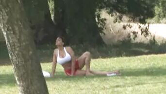Mature Amazon with fake boobs fucking after fitness in nature