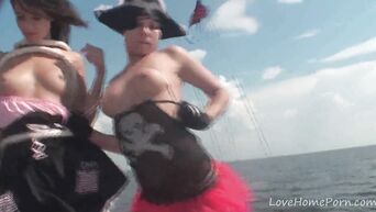 Drunk group sex on ship of three pirate lesbians