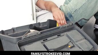 American brother and sister fuck in kitchen near plumber