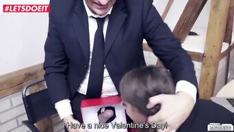 Boss fucks secretary on the table and feeds candy
