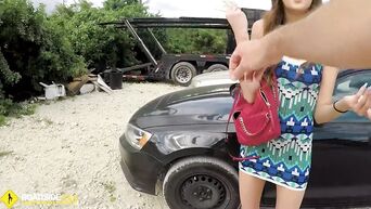 Worker fucks skinny brunette on hood