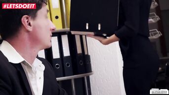 Tattooed secretary helps boss get orgasm