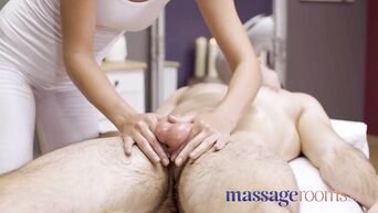 Massage Rooms Sexy pert young masseuse Katy Rose gives oily hand job