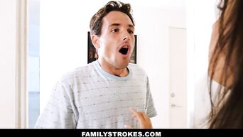 FamilyStrokes - Busty Stepsis Gargles a Big White Cock