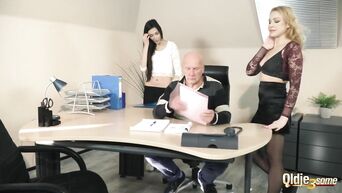Old manager at the office fucks his two beautiful personal assistants pussy
