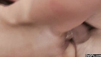 Skinny brunette with small tits fucks on the couch with her lover