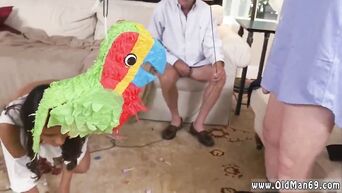 Latin brunette sucks penis and jumps on dick old man