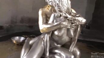 Silver Asian goddess has sex with Japanese golden god
