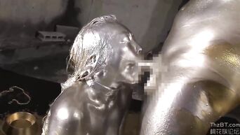Silver Asian goddess has sex with Japanese golden god