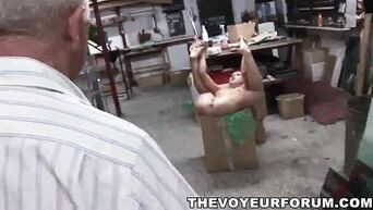 Young girl is exposed to gangbang in dirty warehouse