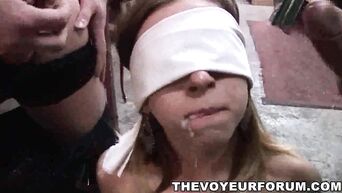 Young girl is exposed to gangbang in dirty warehouse