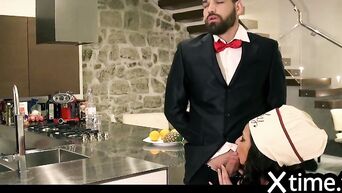Italian MILF fucks with butler and husband