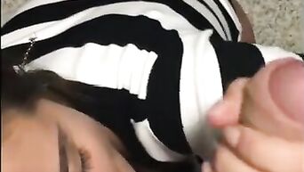A passionate brunette sucks cock on her knees