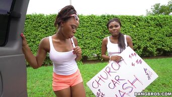 Two black bitches from church choir are fucked in car for sake of donating