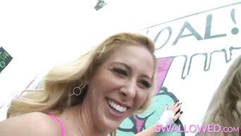 Five whores in high heels suck one big dick