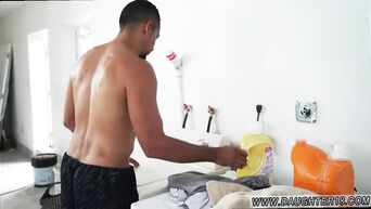 Eighteen-year-old brunette hid in washing machine to suck big dick