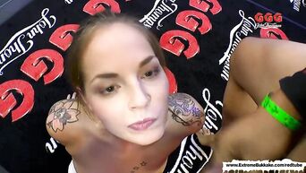Gangbang and bukkake with tattooed slut