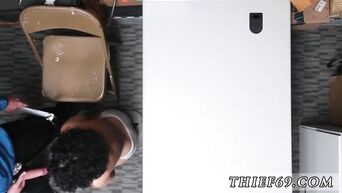 Dark-haired beauty has to suck dick and fuck with guard