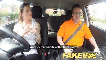 Tattooed MILF with huge fake tits fucks on driving courses