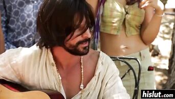 Sexy hippy babe gets numerous orgasms outdoor