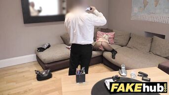 Fake male Agent and blond MILF in torn pantyhose
