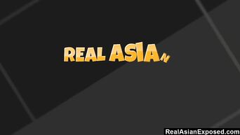 Real lesbian kiss and Asian sex with dildo