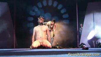 Mistress publicly humiliates slave with whips and violent games with needles