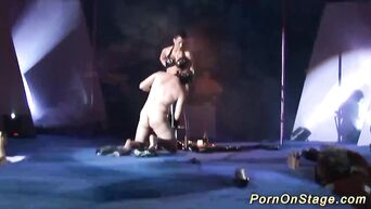 Mistress publicly humiliates slave with whips and violent games with needles