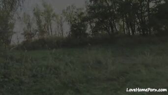 Old woman fucks with young male in nature