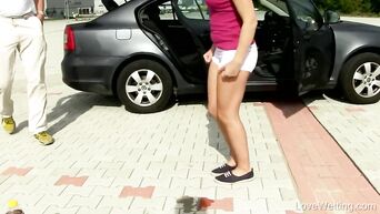 Young brunette pissed without removing white shorts