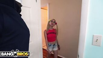 Petite blonde in braces gets big white cock