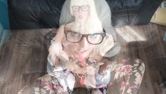 Tattooed blonde in glasses takes office fuck